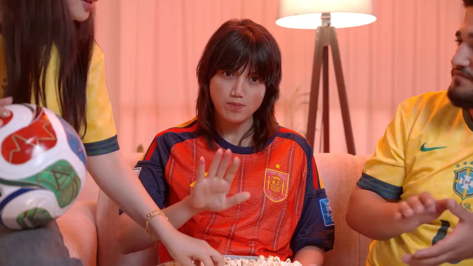 Match night at home: the ball, the shirts, the popcorn.