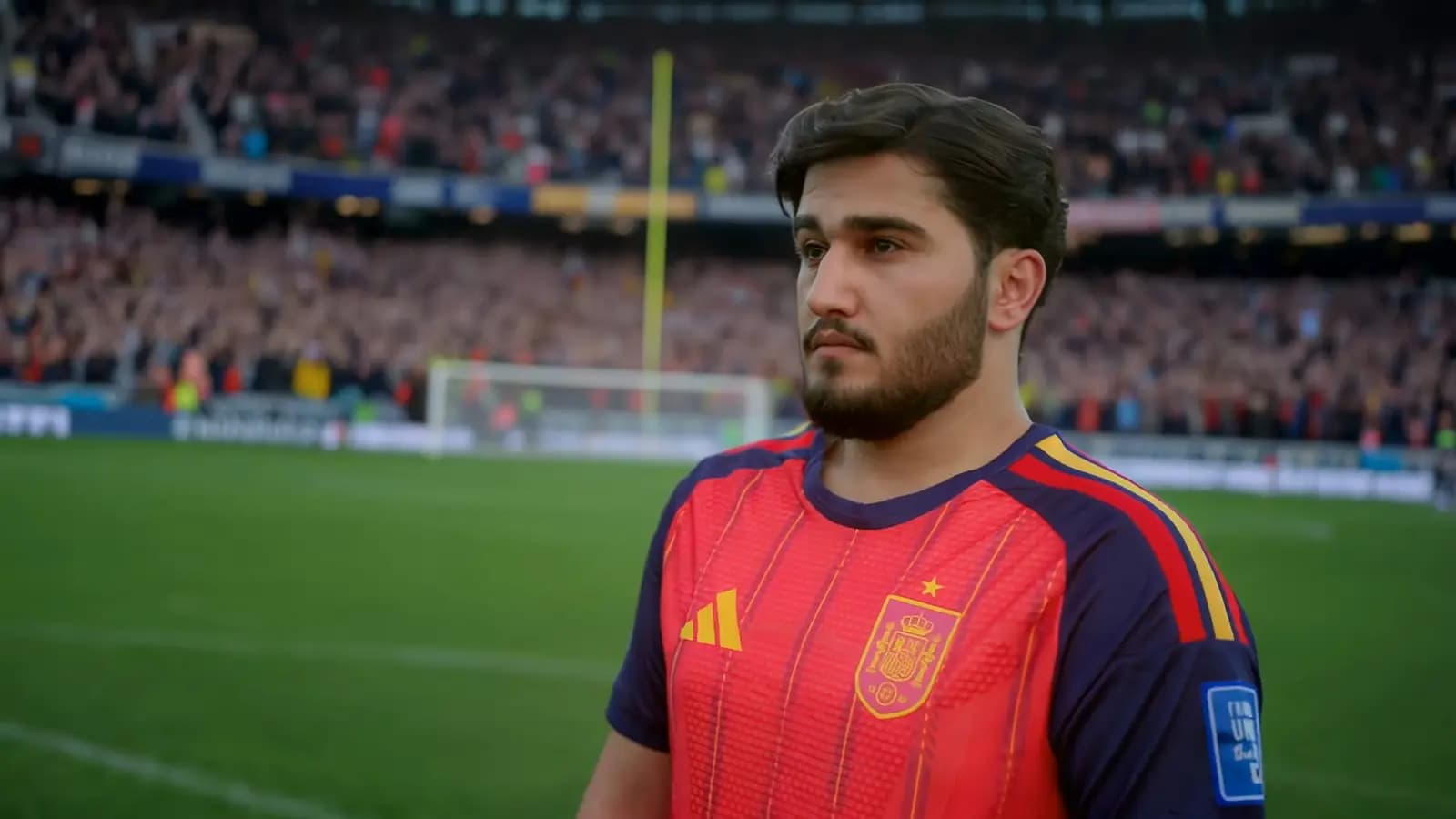 At the spot: the striker, the stadium behind him.